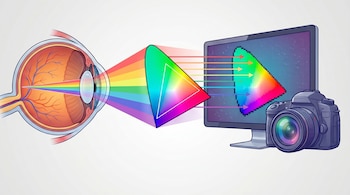 Ilustración de un ojo humano que procesa un espectro de luz, seguido por un triángulo de gama de colores, un monitor digital y una cámara fotográfica.