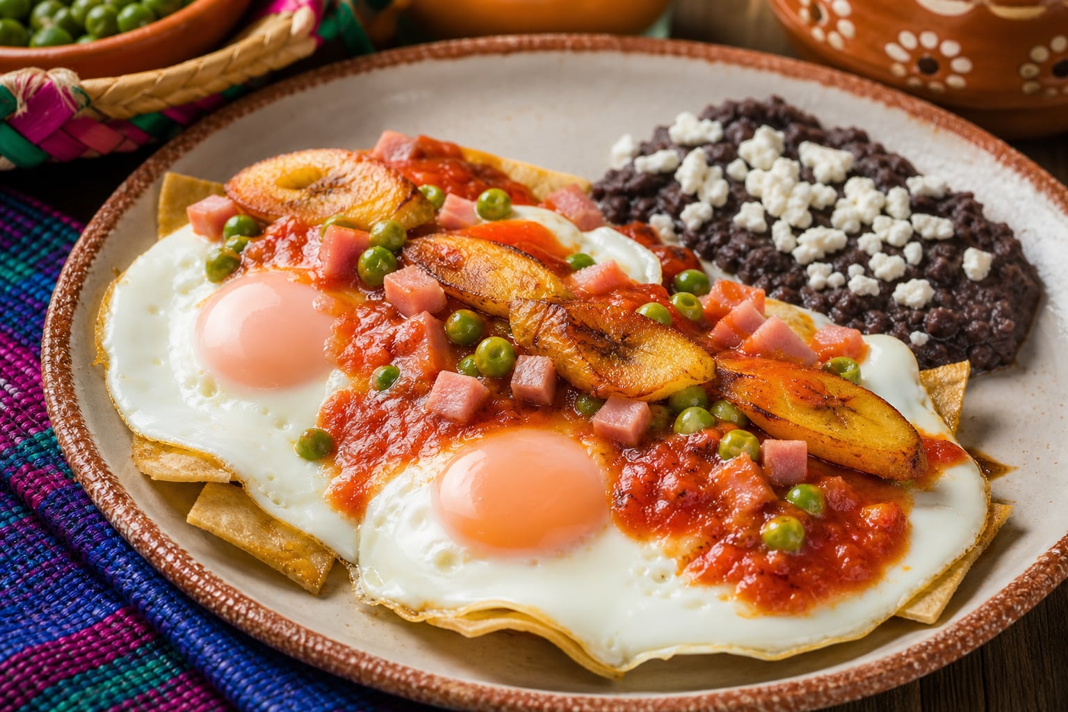 Un plato de huevos motuleños reúne huevos fritos sobre tortillas con salsa de tomate, jamón en cubos, guisantes, plátano macho frito y frijoles negros con queso. (Imagen Ilustrativa Infobae)