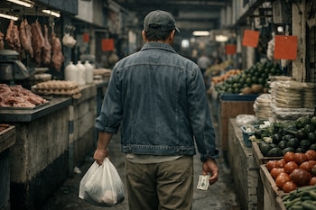 Hombre de espaldas en mercado. Sostiene bolsa de compras y billete de Estados Unidos. Puestos exhiben carne, lácteos, huevos, frutas, verduras, precios.