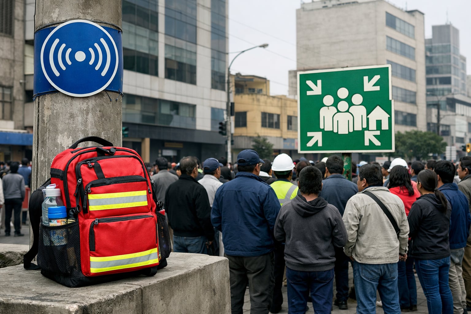 Un grupo de personas se reúne en un punto de encuentro seguro en una ciudad peruana, lo que ilustra la preparación de la comunidad frente a emergencias sísmicas. (Imagen Ilustrativa Infobae)