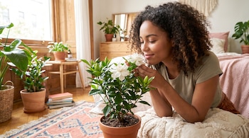 Mujer joven con cabello rizado huele flor blanca de gardenia en maceta marrón. Se ven una cama, un espejo, muebles de madera, ventana y otras plantas.