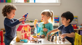 Tres niños pequeños juegan alrededor de una mesa baja llena de muñecas, figuras de acción y una casa de muñecas, bajo la luz del sol que entra por una ventana.