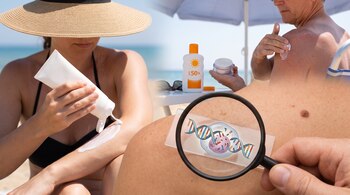 Mujer y hombre aplican protector solar. Botella de protector solar SPF 50+ y tarro de crema. Lupa sobre piel mostrando un esquema de daño al ADN y una célula.