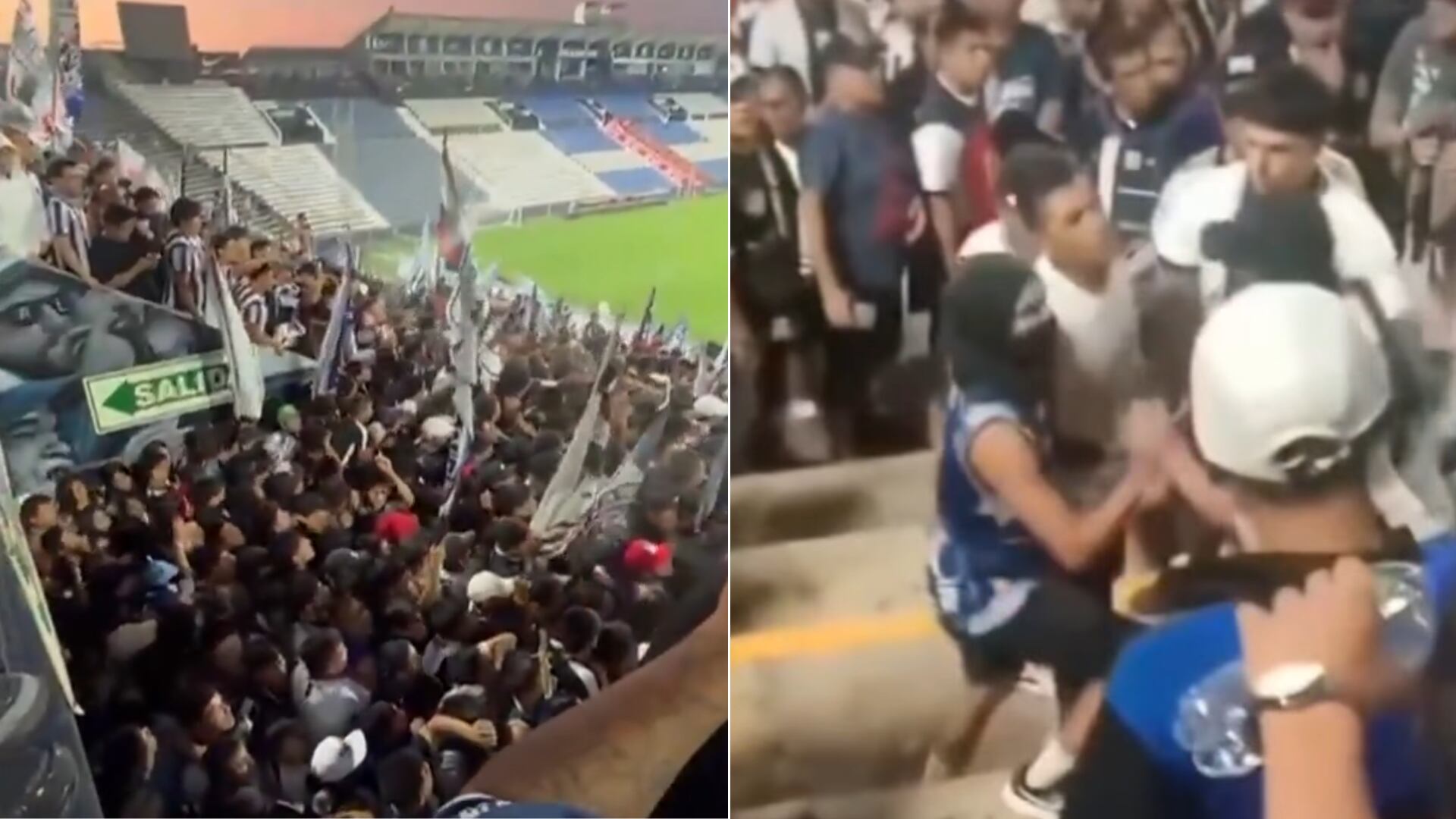La gresca y la aglomeración en la tribuna sur del Estadio Matute desataron el caos durante el banderazo de hinchas de Alianza Lima previo al partido con Universitario. (Composición: Infobae Perú)