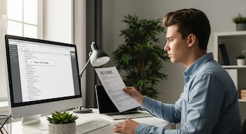 Joven sentado en un escritorio con monitor, teclado, ratón, laptop, lámpara y planta, sosteniendo un currículum impreso.