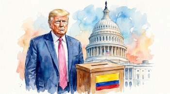 Ilustración en acuarela de Donald Trump, el Capitolio de Estados Unidos y una urna electoral con la bandera de Colombia en primer plano.