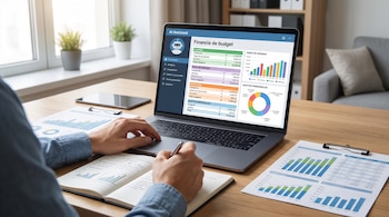 Manos de una persona escribiendo en un cuaderno, computadora portátil abierta mostrando un presupuesto financiero con gráficos, tablet y documentos sobre un escritorio.