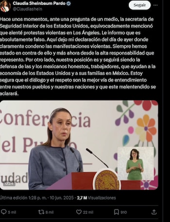 Claudia Sheinbaum respondió a través de sus redes sociales, donde rechazó categóricamente las afirmaciones de la secretaria estadounidense - crédito @Claudiashein/X