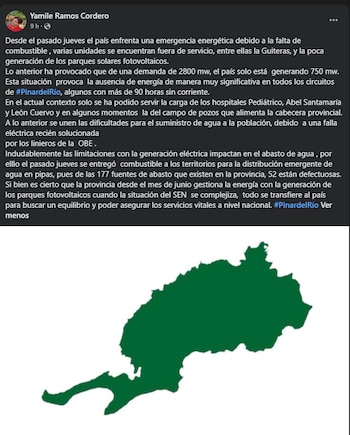 Una dirigente del PCC admitió apagones de más de 90 horas en Pinar del Río.