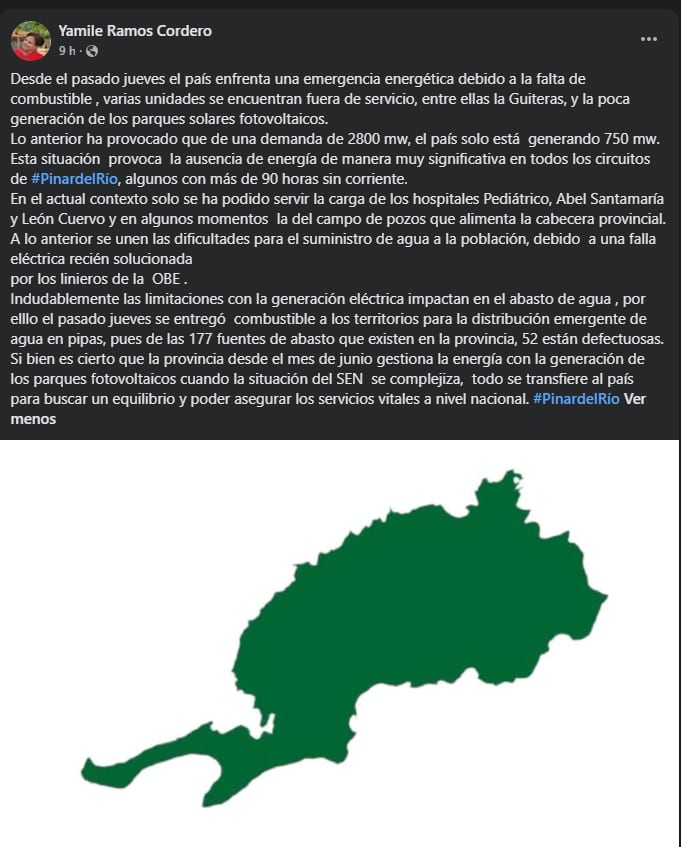 Una dirigente del PCC admitió apagones de más de 90 horas en Pinar del Río.