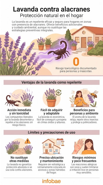 Infografía sobre lavanda contra alacranes con ilustraciones de plantas de lavanda, un alacrán, una casa, una persona con lavanda y una abeja. Incluye texto informativo.