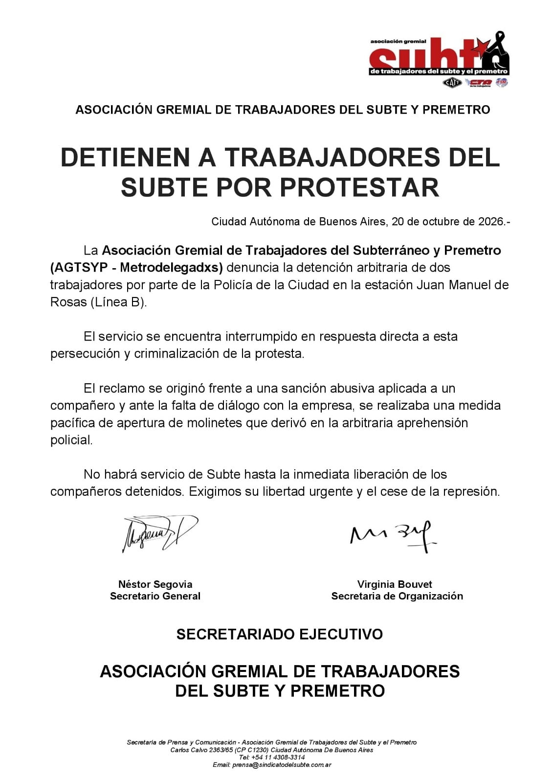 Comunicado de los metrodelegados tras la detención de Claudio Dellecarbonara