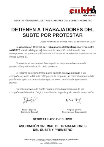 Comunicado de los metrodelegados tras la detención de Claudio Dellecarbonara