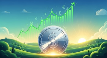 Moneda de dólar plateada brillante sobre un paisaje verde ondulado con un sol naciente. Un gráfico de barras y línea ascendente con símbolos de moneda flotan en el cielo azul.