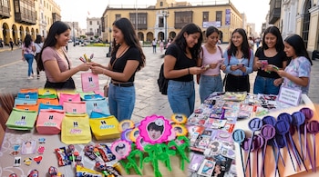 Jóvenes en una plaza pública sostienen bolsas con el logotipo de BTS junto a mesas con tarjetas, adornos de plástico y golosinas.
