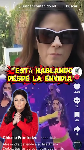 Captura de pantalla de TikTok con una mujer que usa gafas de sol, una fotografía de Victoria Ruffo con chaqueta roja y un texto superpuesto