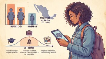 Ilustración que muestra una tabla comparativa de incidencia de Esclerosis Múltiple en mujeres y hombres en México, junto a una mujer joven con una tablet.