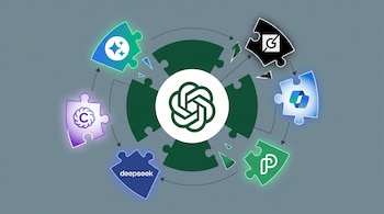 Ilustración de un logo de ChatGPT central rodeado por seis piezas de rompecabezas con los logos de Gemini, Claude, DeepSeek, Grok, Copilot y Perplexity.