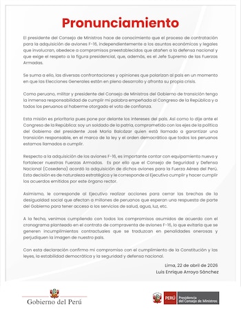 Documento oficial del Gobierno del Perú titulado 'Pronunciamiento', con texto negro y la firma de Luis Enrique Arroyo Sánchez. Logos del gobierno al pie