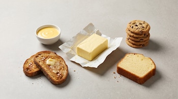 Bloque de mantequilla en papel, tostadas con mantequilla, tazón de salsa holandesa, galletas con chispas de chocolate y rebanada de pastel de libra en superficie gris.