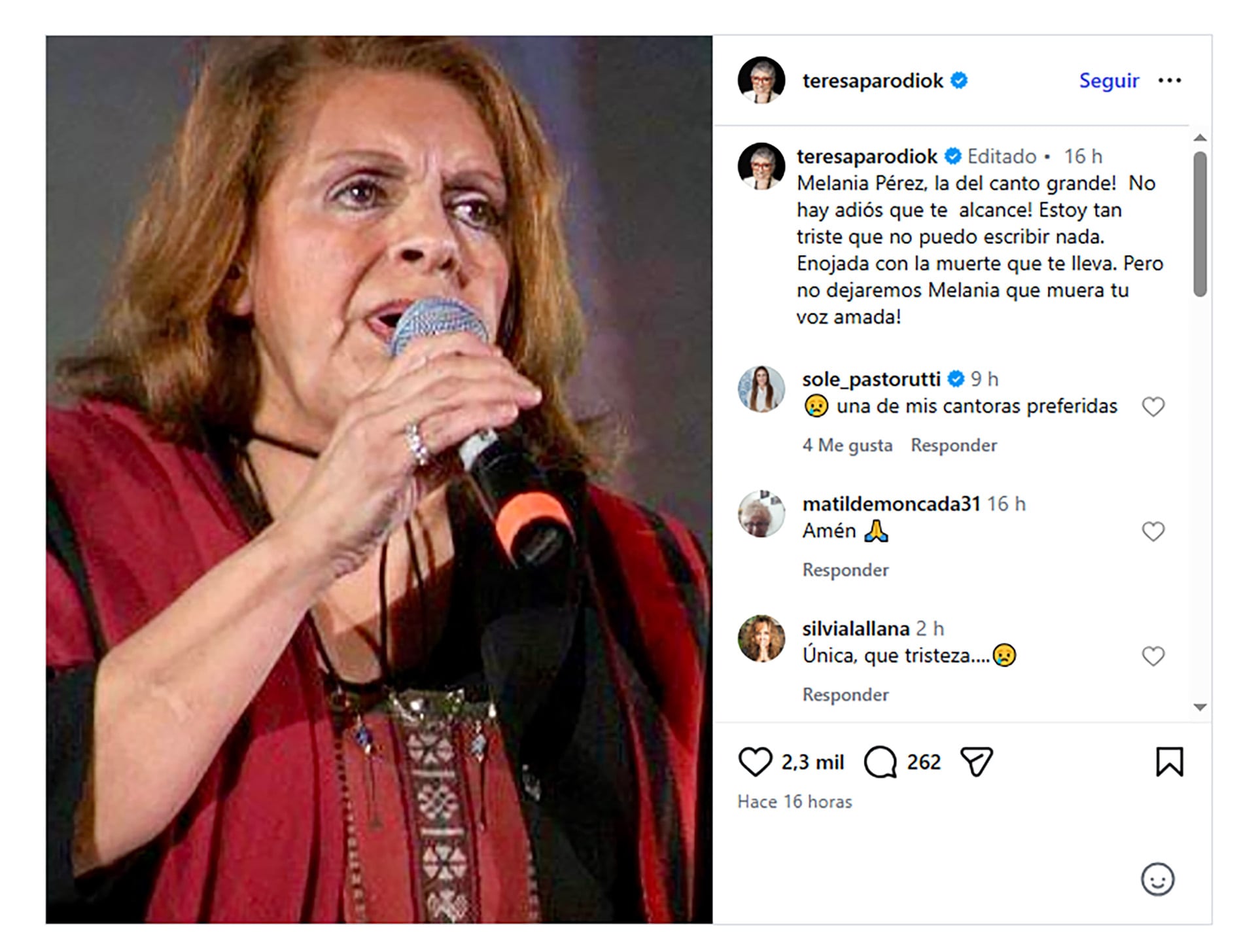 Teresa Parodi despide a Melania Pérez y le rinde homenaje: