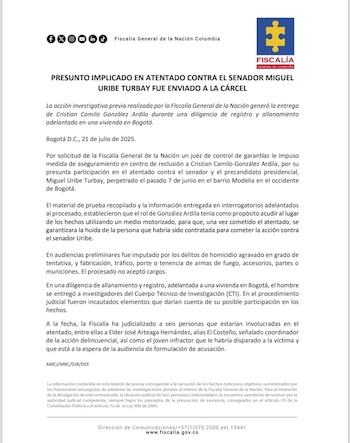 La Fiscalía General de la Nación informó sobre la imposición de una medida de aseguramiento en centro de reclusión en contra de Cristian Camilo González Ardila - crédito @FiscaliaCol/X