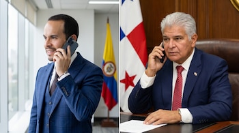 Imagen dividida con dos hombres. Uno en traje azul con bandera colombiana al fondo; el otro en traje azul y corbata roja con bandera panameña al fondo.