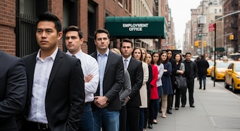 Una fila de hombres y mujeres de diversas etnias, algunos con trajes y otros con ropa casual, esperan frente a una oficina de empleo en una calle de Nueva York.