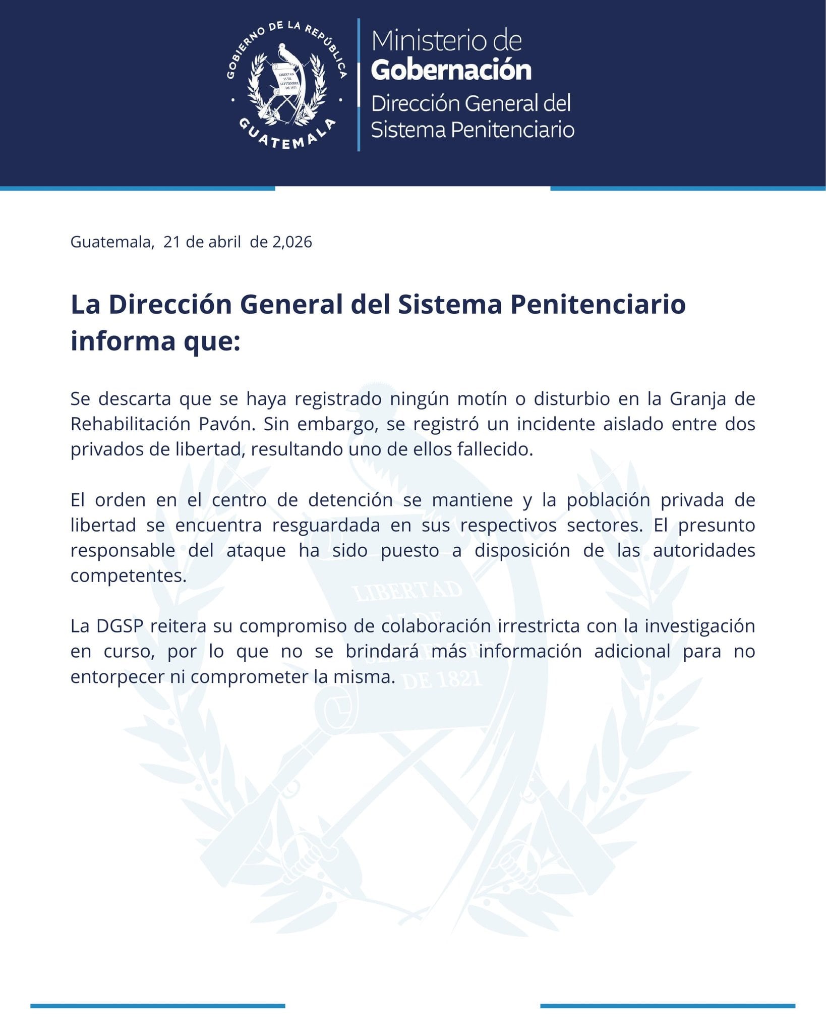 El presunto responsable de la agresión fue identificado y puesto a disposición de las autoridades judiciales, según la DGSP. (Cortesía: Sistema Penitenciario de Guatemala)