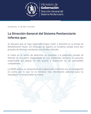 El presunto responsable de la agresión fue identificado y puesto a disposición de las autoridades judiciales, según la DGSP. (Cortesía: Sistema Penitenciario de Guatemala)