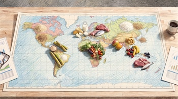 Mapa mundial, documentos con gráficos, gafas, taza de café, alimentos (granos, frutas, verduras, carne, pescado, lácteos) sobre los continentes, mesa de madera.