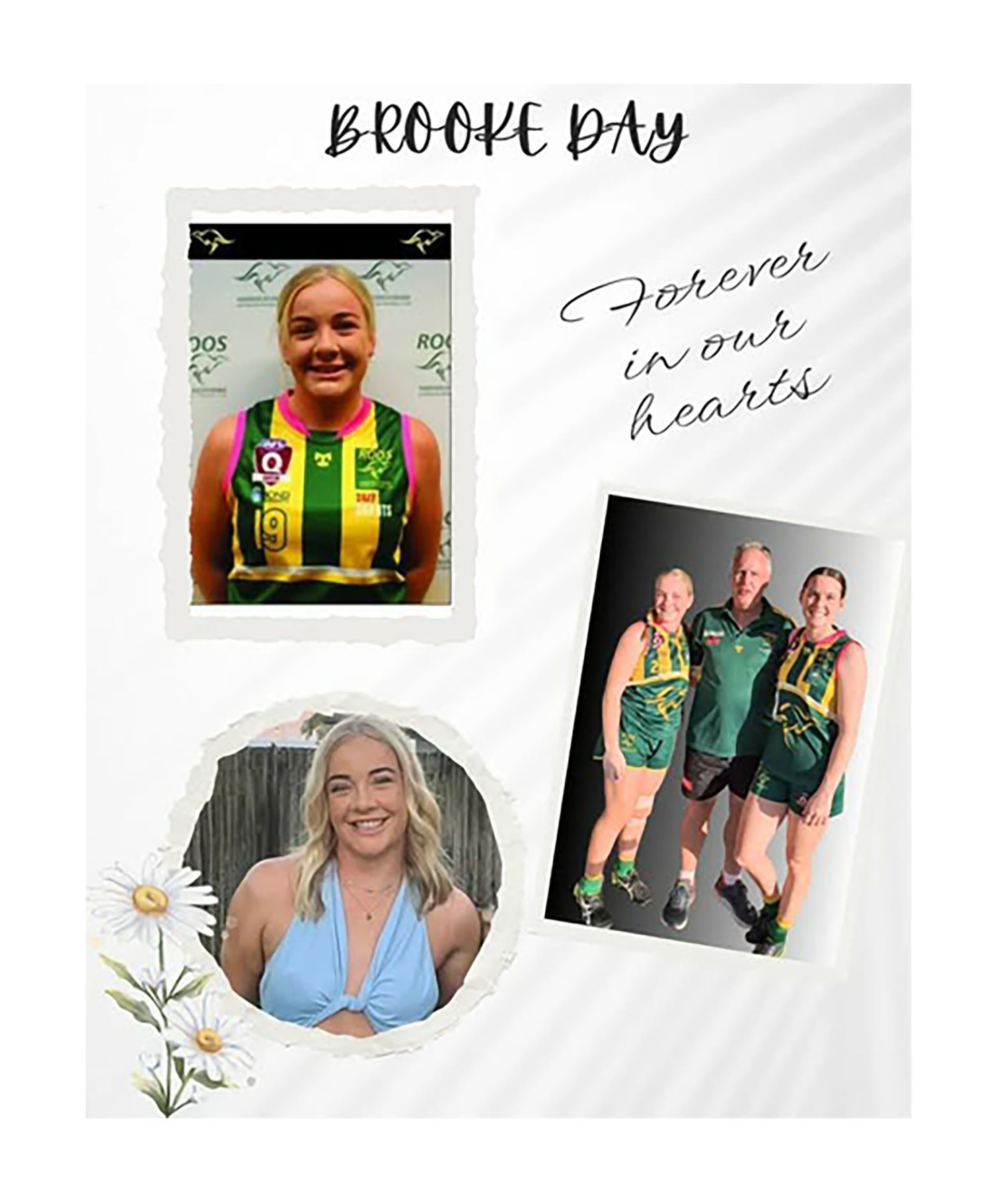 Este collage fotográfico rinde homenaje a Brooke Day, mostrando su alegría en diferentes momentos, incluyendo su pasión por el deporte y su recuerdo eterno en los corazones de sus seres queridos (Facebook)
