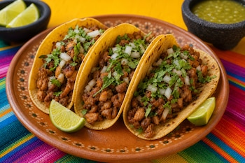Tres tacos rellenos de carne picada, cebolla y cilantro sobre un plato de barro, con trozos de limón y un contenedor con salsa verde.