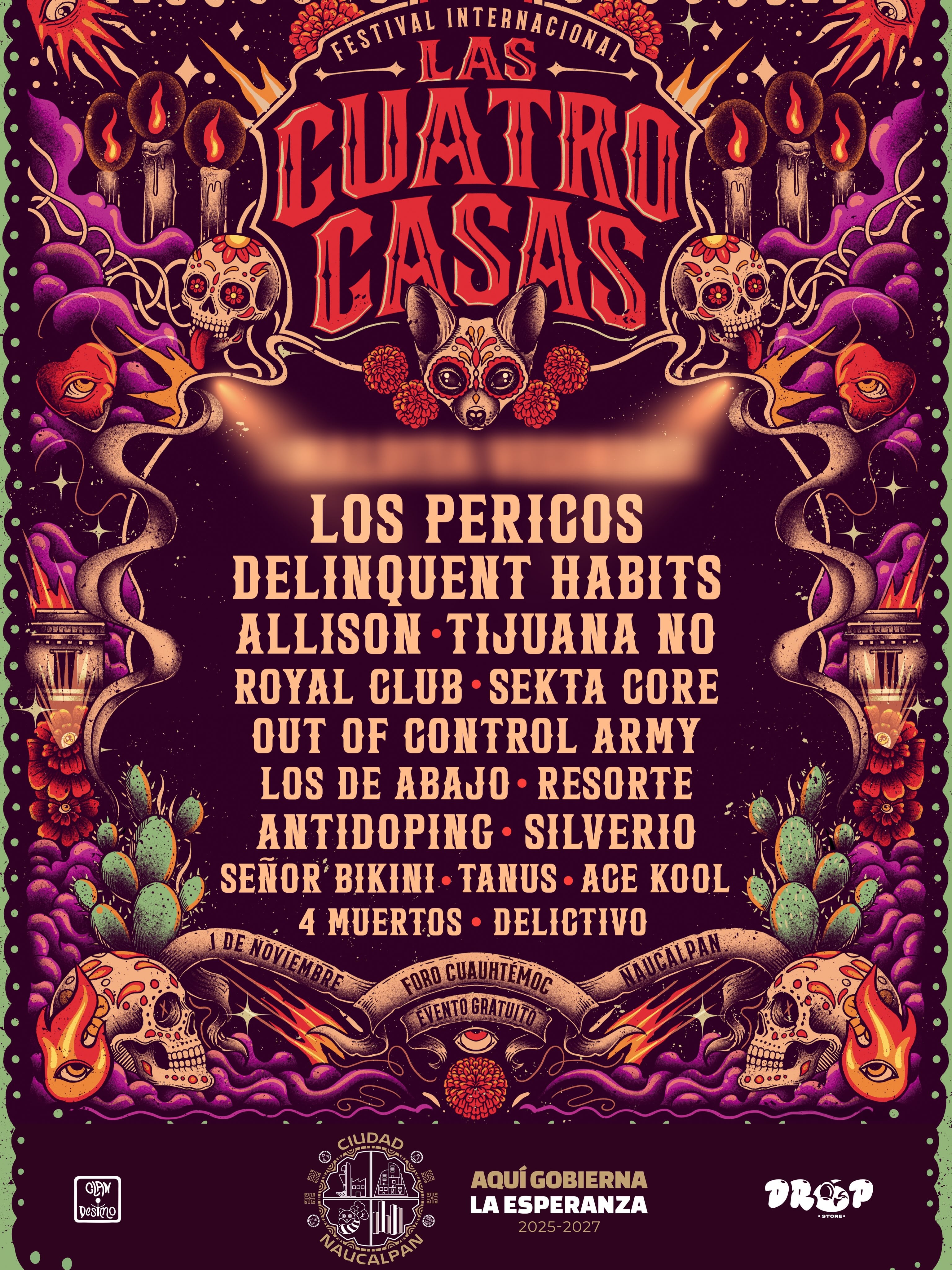 Un cartel anuncia la programación del Festival Internacional Las Cuatro Casas para el primero de noviembre en el Foro Cuauhtémoc de Naucalpan. (Gobierno de Naucalpan)