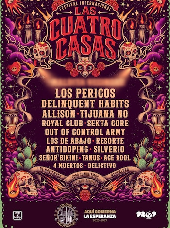 Cartel ilustrado con calaveras, velas, cactus, flores de cempasúchil y una lista de agrupaciones musicales sobre fondo oscuro