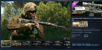 Un soldado con casco y uniforme militar de camuflaje sostiene un fusil frente a un fondo de vegetación en la pantalla de un videojuego