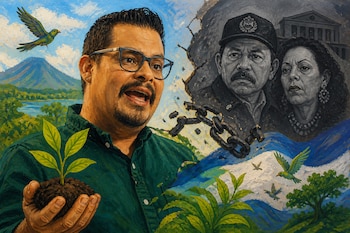Ilustración de un hombre con gafas que sostiene una planta, junto a un paisaje con volcán, cadenas rotas y dos rostros en el fondo.