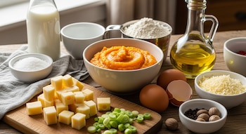 Ingredientes de cocina sobre una mesada de madera, incluyendo puré de calabaza, huevos, leche, aceite, harina, queso en cubos, queso rallado y cebolla de verdeo.