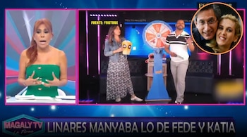 Magaly Medina en pantalla dividida en su programa. A su derecha, un video con Verónica Linares, un hombre y una ruleta. Arriba, un recuadro de Federico Salazar y Katia.