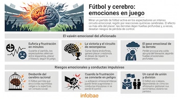Infografía que muestra un cerebro dividido en dos, una mitad en llamas y otra con humo, sobre un estadio de fútbol. Incluye gráficos sobre emociones de los aficionados.