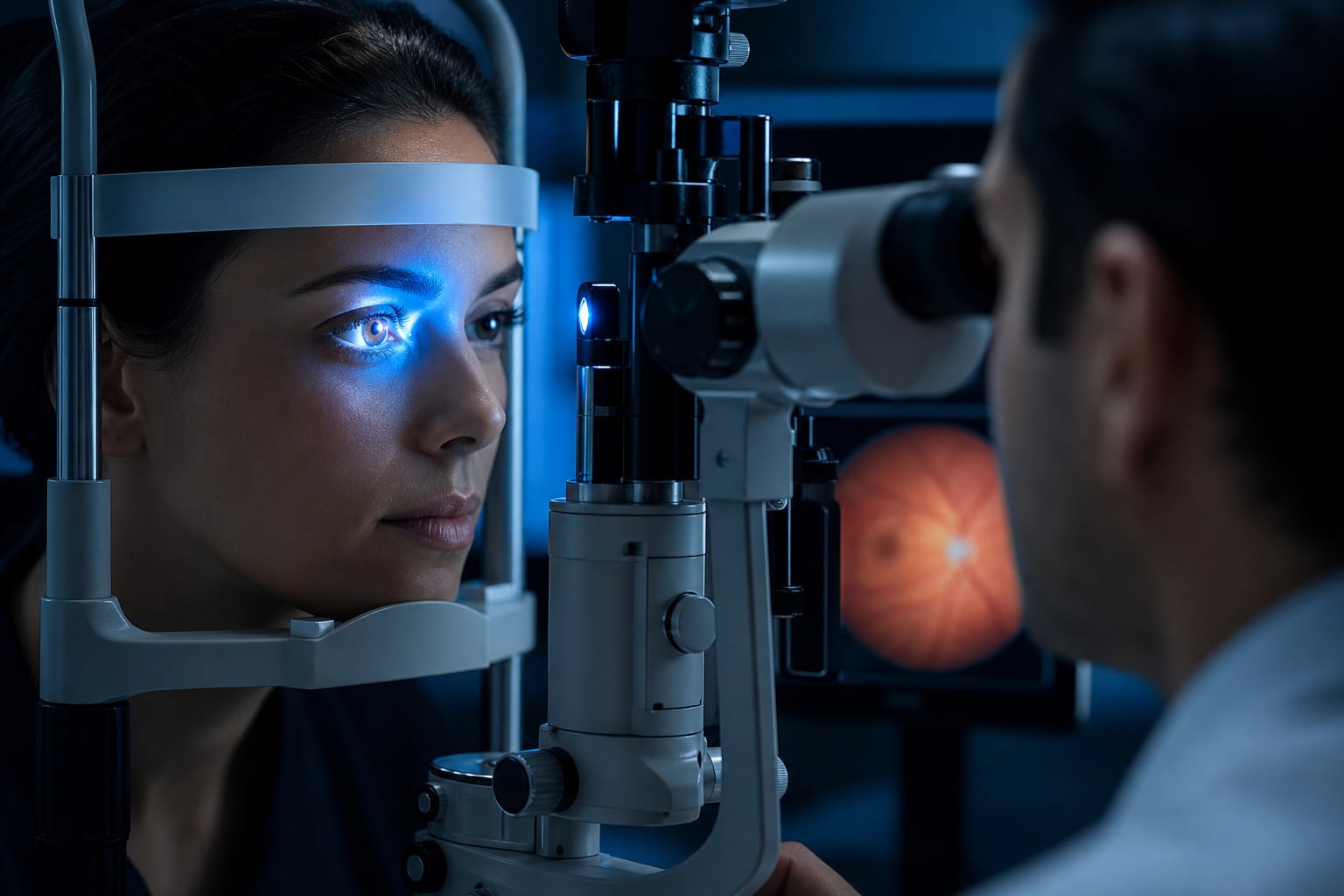 Un especialista realiza un examen de fondo de ojo a una paciente mediante una lámpara de hendidura en un consultorio oftálmico. (Imagen Ilustrativa Infobae)