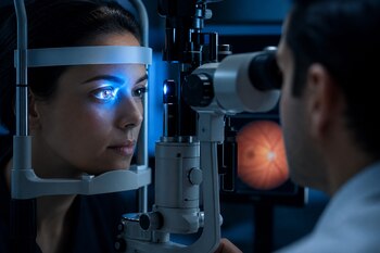 Una mujer apoya la cabeza en la mentonera de una lámpara de hendidura mientras un haz de luz azul ilumina su ojo en un consultorio.