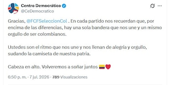 El Centro Democrático destacó a la Selección Colombia como un símbolo de unión nacional y agradeció la representación del país durante el torneo - crédito @CeDemocratico/X