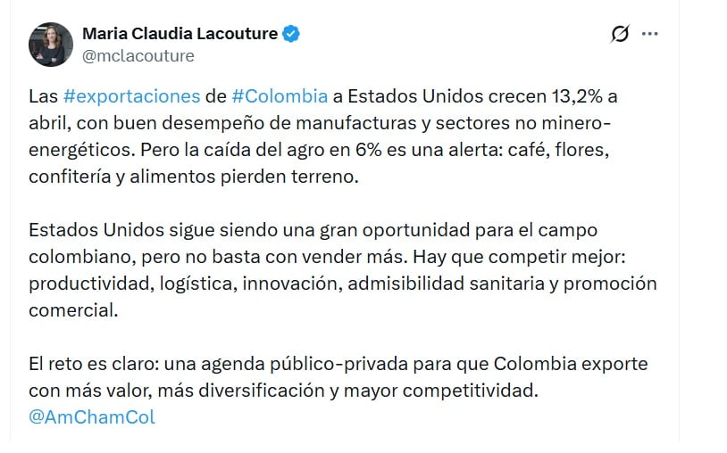 María Claudia Lacouture, presidenta ejecutiva de AmCham Colombia, anotó que es necesario competir mejor - crédito @McLacouture/X