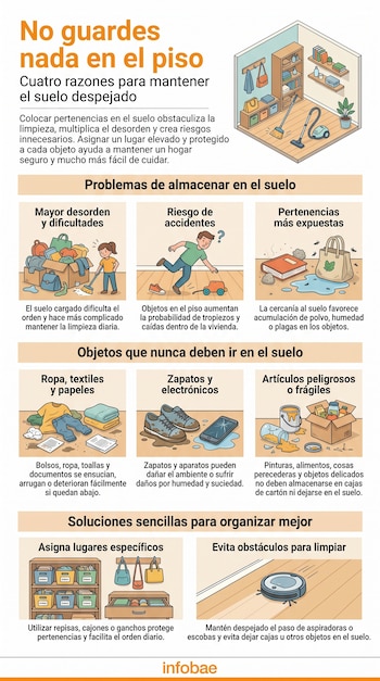 Infografía con título sobre no guardar objetos en el piso. Presenta ilustraciones de desorden, riesgos de tropiezo, objetos expuestos y soluciones de guardado.
