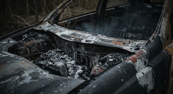 Primer plano de un coche calcinado, mostrando el interior con metal retorcido, cenizas y restos humeantes. La pintura está desprendida y hay toques de óxido.