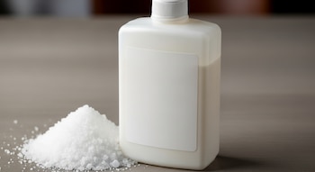 Primer plano de un bote de pegamento blanco, cuadrado y sin marca, junto a un montón de sal gruesa sobre una mesa de madera clara.