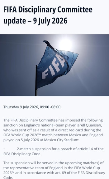 Comunicado de FIFA sobre el castigo a Jarell Quansah, defensor de la Selección de Inglaterra.