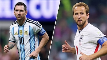 Dos futbolistas, Lionel Messi con camiseta de Argentina y Harry Kane con camiseta de Inglaterra, mirando hacia el frente en una toma dividida