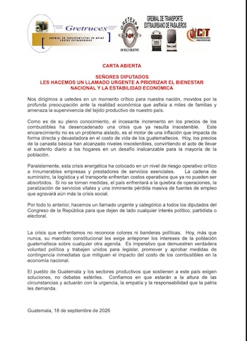 Documento impreso con logotipos de gremios de transporte en la parte superior y un texto con el título Carta abierta